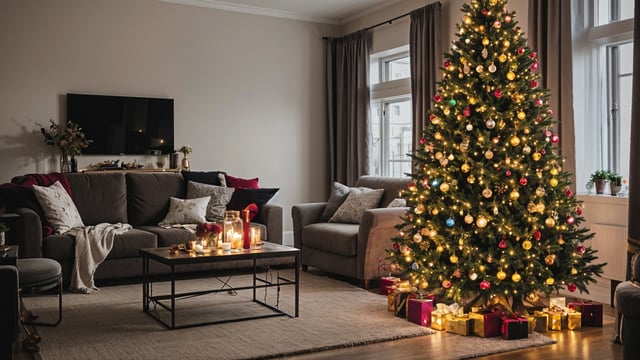 A living room with a Christmas tree and a couch. The room is decorated with candles and presents. The tree is located in the corner of the room and is the main focus of the scene. The couch is placed in the center of the room, providing a comfortable seating area for the occupants. The overall design style of the room is cozy and festive, perfect for the holiday season.