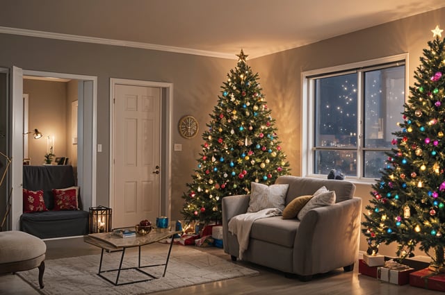 A living room with a Christmas tree and a couch. The room is decorated with Christmas lights and ornaments, creating a warm and festive atmosphere.