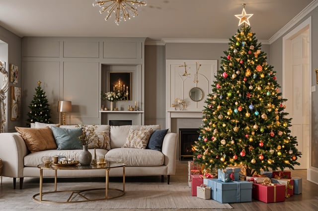 A living room with a Christmas tree in the corner. The room is filled with furniture including a couch, a coffee table, and a fireplace.