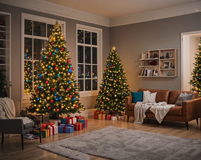 Living room with two Christmas trees and presents