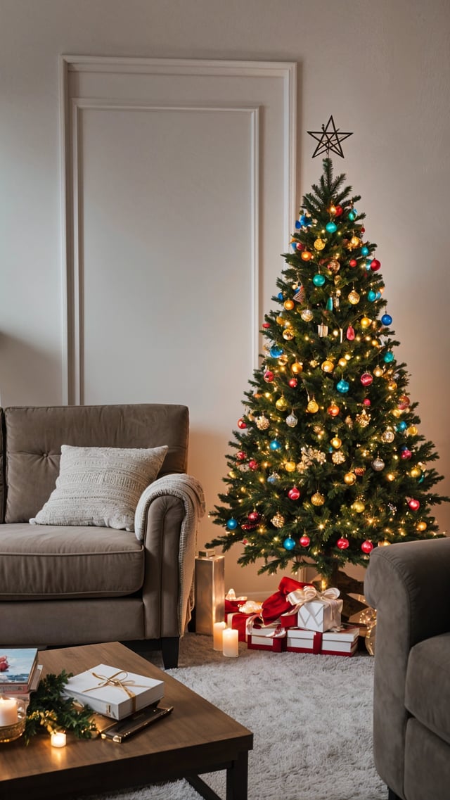 A Christmas tree with blue and yellow lights in front of a couch with presents surrounding it.