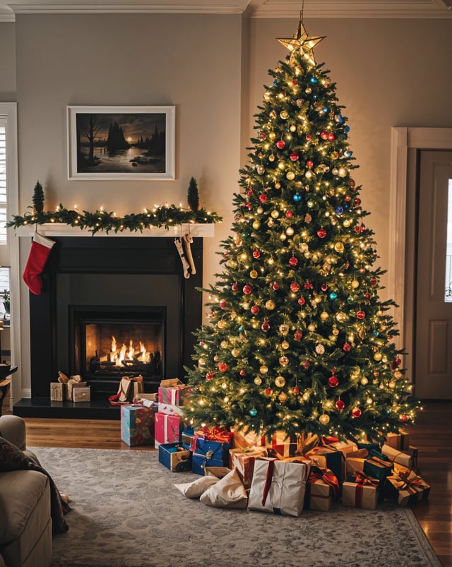 A Christmas tree with presents underneath it, in front of a fireplace. The tree is decorated with ornaments and lights, creating a festive atmosphere.