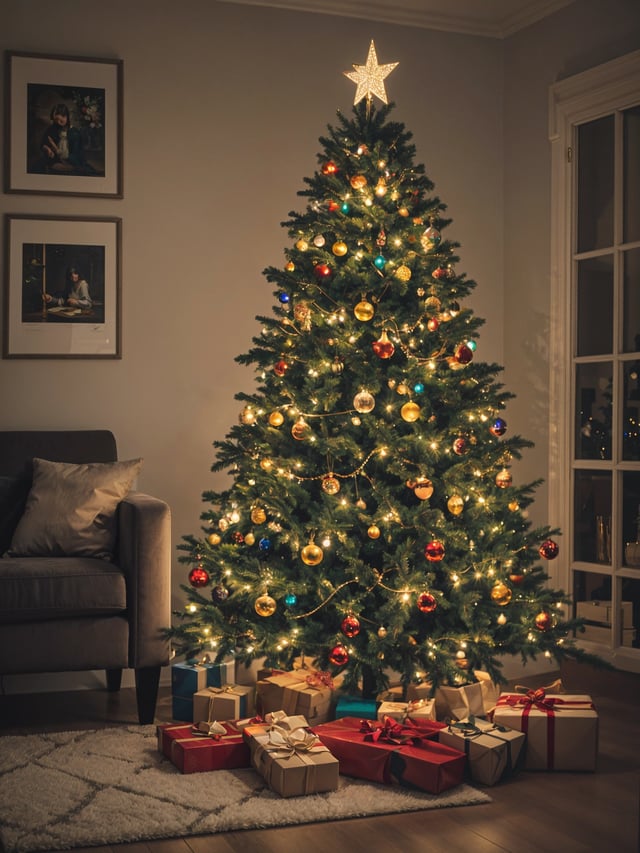 A Christmas tree with ornaments and presents underneath it, in a cozy living room.