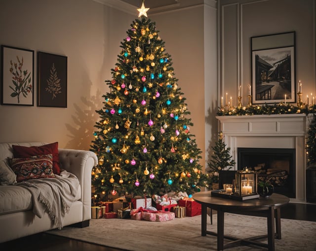 A Christmas tree with ornaments and lights in front of a fireplace in a living room
