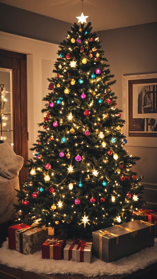 A Christmas tree with colorful lights and ornaments, placed in a corner of a room.