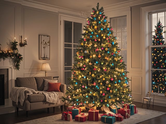 A Christmas tree with colorful lights and presents underneath it. The tree is surrounded by a cozy living room with a couch and a lamp.