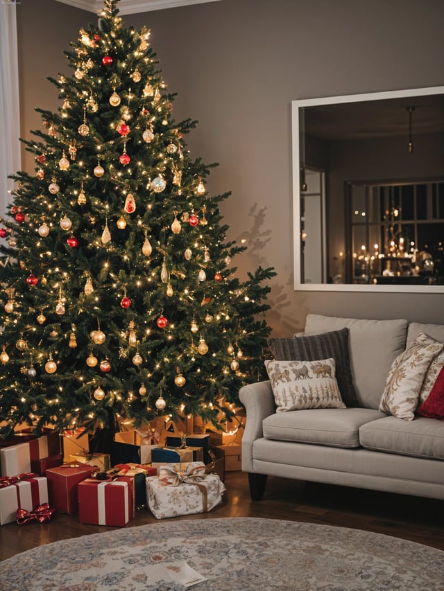A Christmas tree with presents underneath it and a couch in the background. The tree is decorated with ornaments and lights, creating a festive atmosphere.