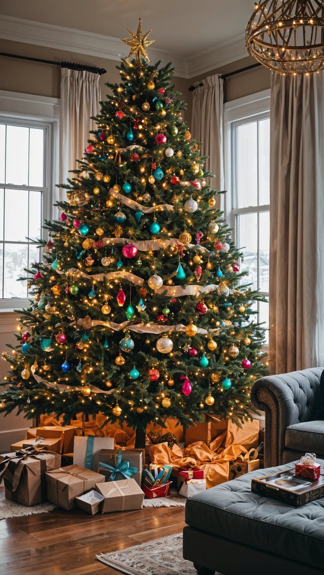 A Christmas tree with colorful lights and ornaments, surrounded by presents.