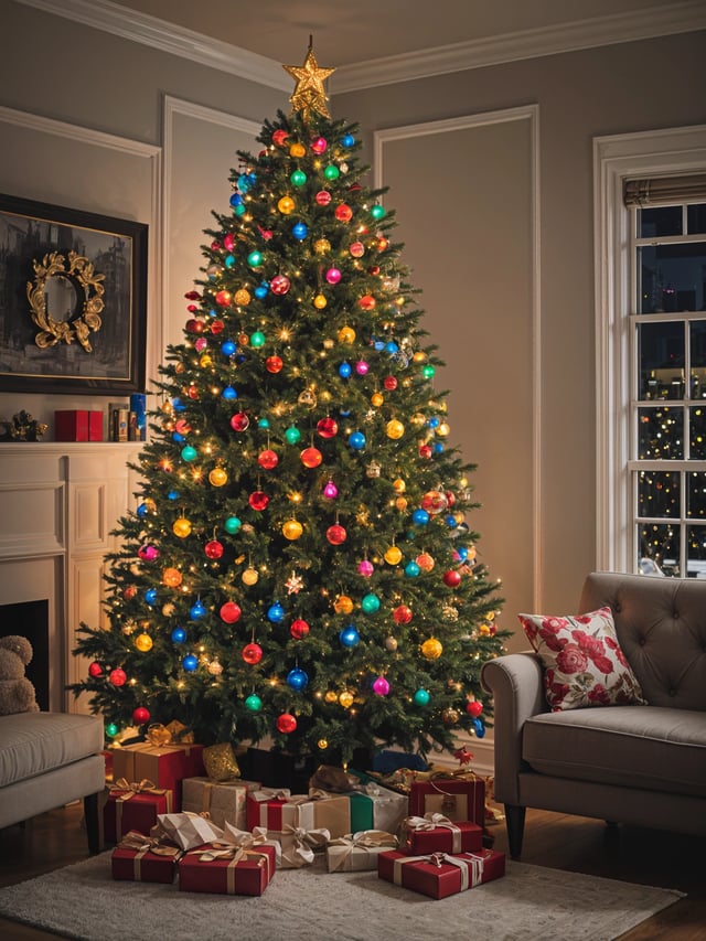A Christmas tree with colorful lights and ornaments, surrounded by presents.