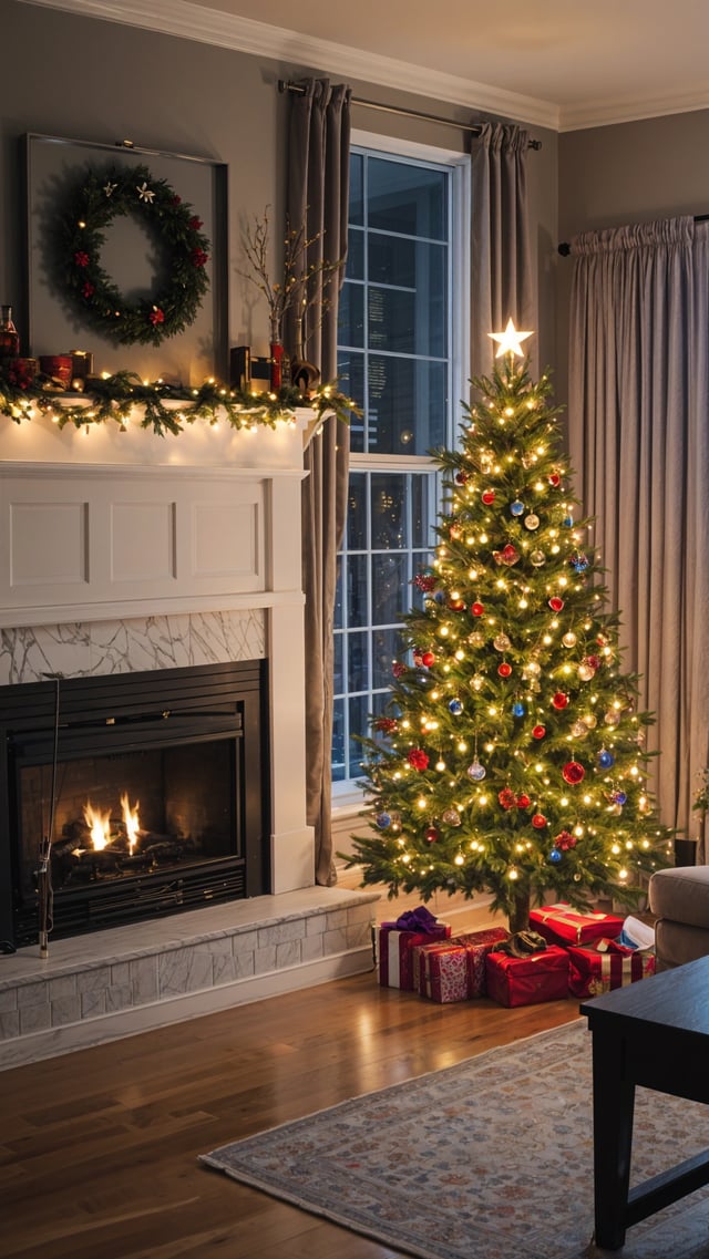 A Christmas tree in a living room with a fireplace and presents.