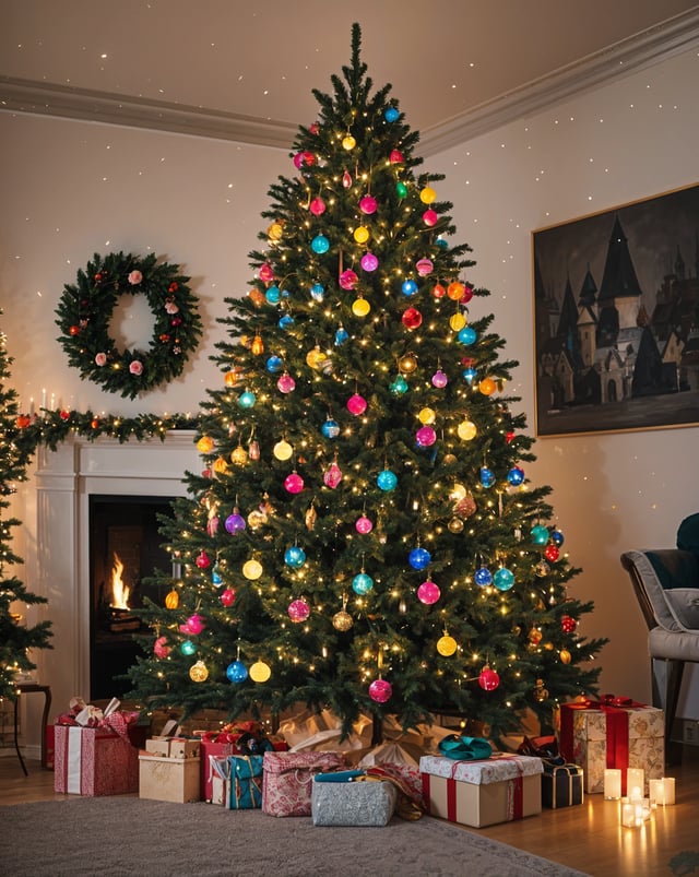 A Christmas tree with colorful ornaments and presents underneath it.