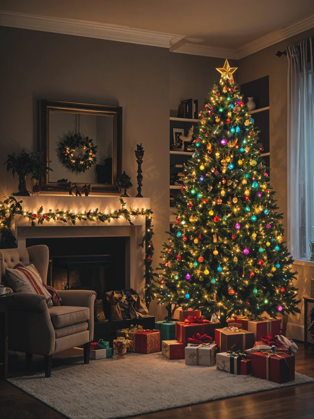 A Christmas tree with presents underneath it in a living room with a fireplace, couch, and chair.