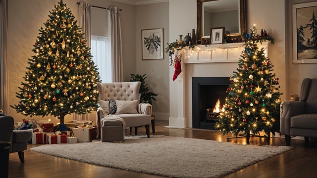 A living room with a fireplace and two Christmas trees. The room is decorated with a white rug and a chair. The fireplace has a fire going, creating a warm and cozy atmosphere. The room is adorned with Christmas decorations, including a stocking hanging on the mantle.