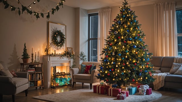 A living room with a Christmas tree and presents. The tree has blue and red ornaments, and the presents are wrapped underneath.