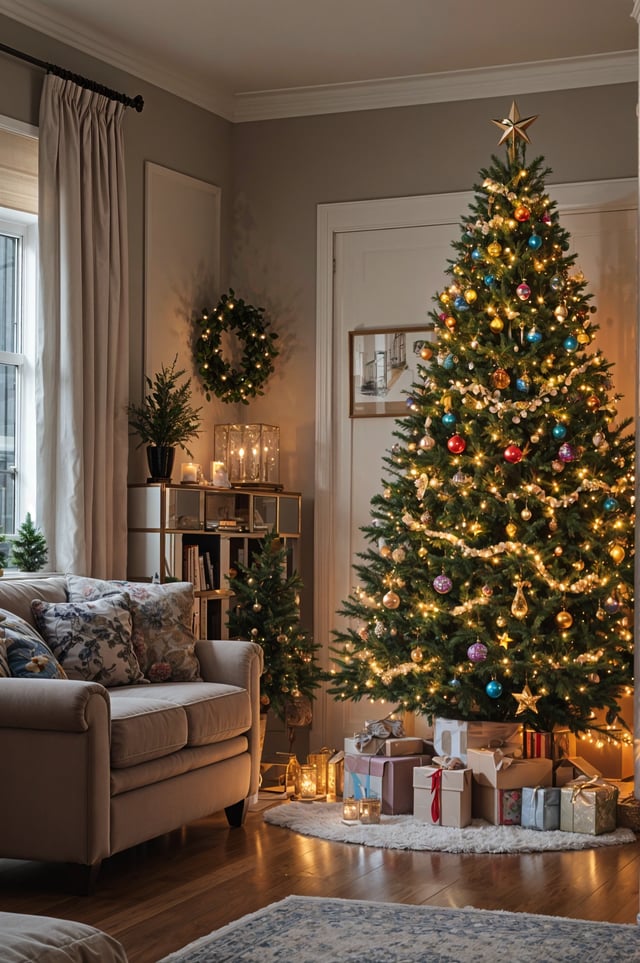 A Christmas tree in a living room with presents and decorations.