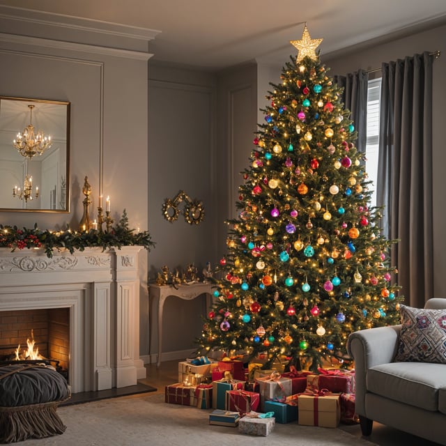 A Christmas tree in a living room with presents underneath and a fireplace in the background.