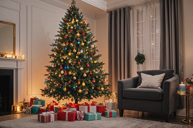 A Christmas tree with presents underneath it, in front of a couch. The tree is adorned with colorful lights and ornaments, creating a festive atmosphere.