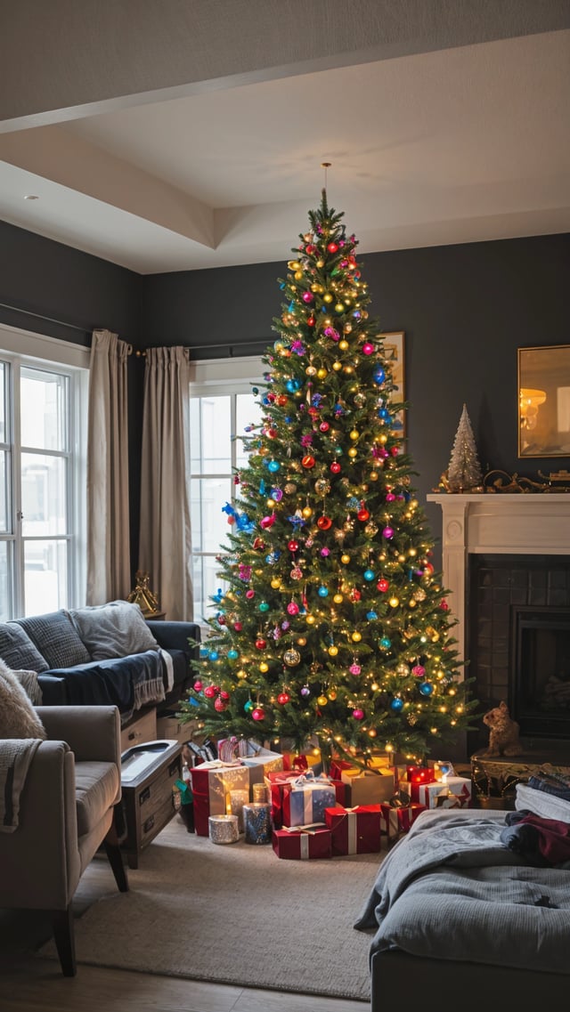 A Christmas tree in a living room with a fireplace and a couch. The tree is decorated with ornaments and lights, creating a festive atmosphere.