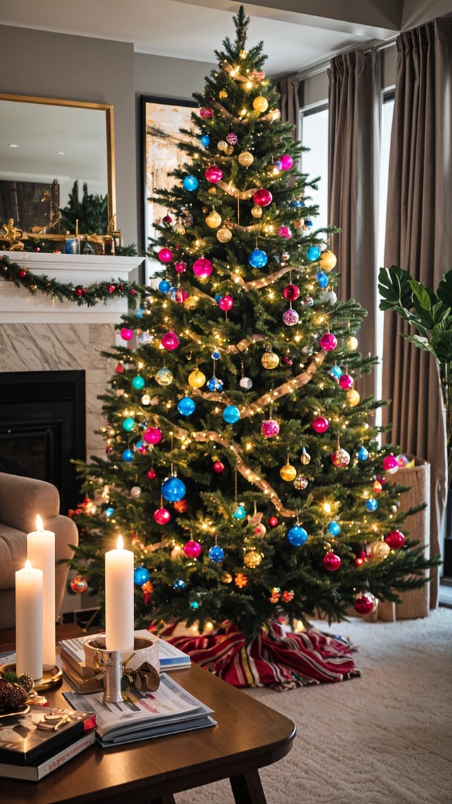 A Christmas tree with colorful ornaments and lights in a living room.