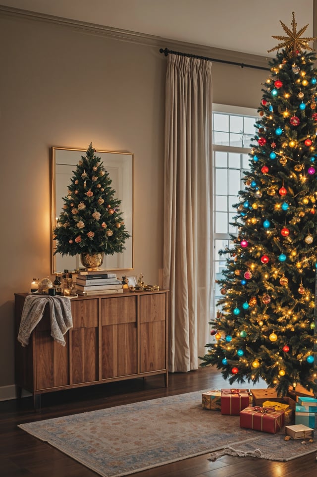 A Christmas tree with colorful lights and ornaments in a living room.