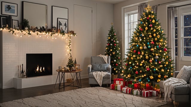 A Christmas tree in a living room with presents and a fireplace
