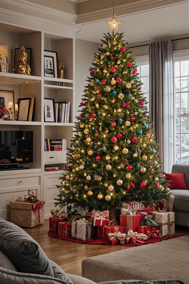 A Christmas tree in a living room with presents underneath it.