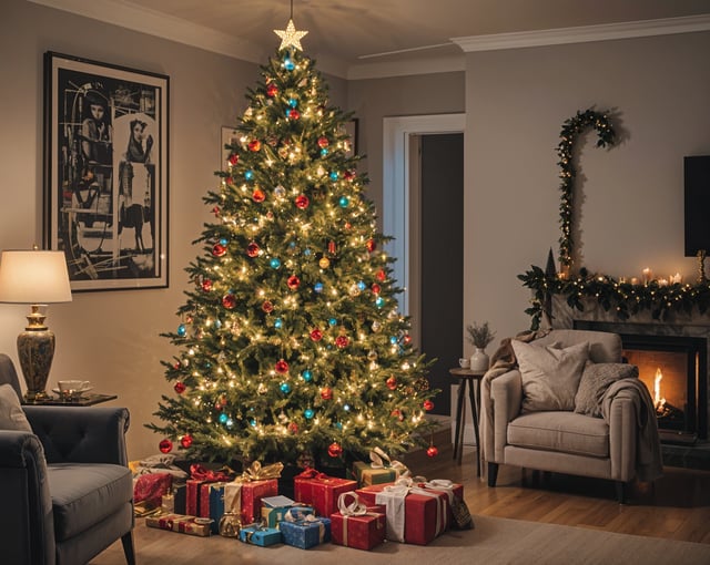 A Christmas tree with presents underneath it in a cozy living room
