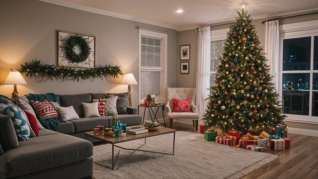 A living room with a Christmas tree in the corner. The tree is decorated with ornaments and lights.