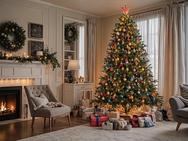 A Christmas tree is decorated with ornaments and presents underneath it. The tree is surrounded by a cozy living room with a chair and a fireplace. The room is decorated with a star garland and a wreath on the door.