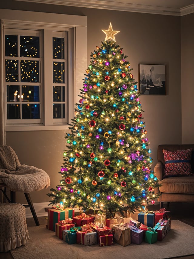 A Christmas tree with colorful lights and ornaments in a living room. The tree is surrounded by presents, and there is a couch and a chair nearby.