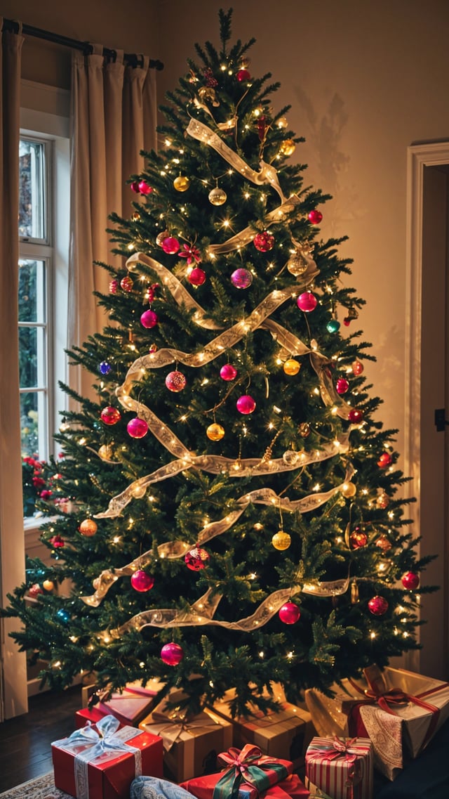 A Christmas tree with colorful ornaments and lights. The tree is adorned with red, yellow, and blue balls.