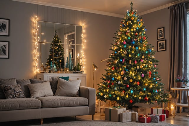A Christmas tree in a living room with presents in front of a couch.