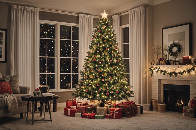 A Christmas tree in a living room with presents and lights. The room also has a window and a potted plant.