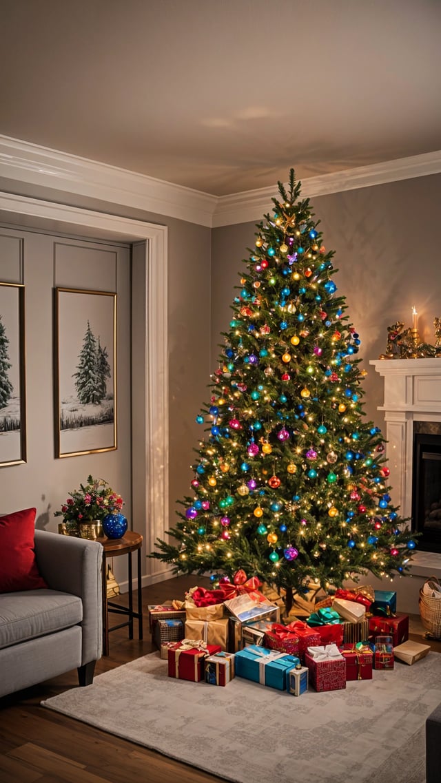 A Christmas tree with colorful lights and ornaments, placed in a living room next to a fireplace.
