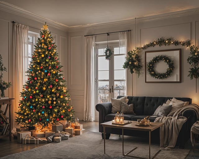A Christmas tree in a living room with a black couch and a table with candles on it. The room is decorated with lights and a wreath. The tree is lit up with colorful lights and is placed in front of a window.