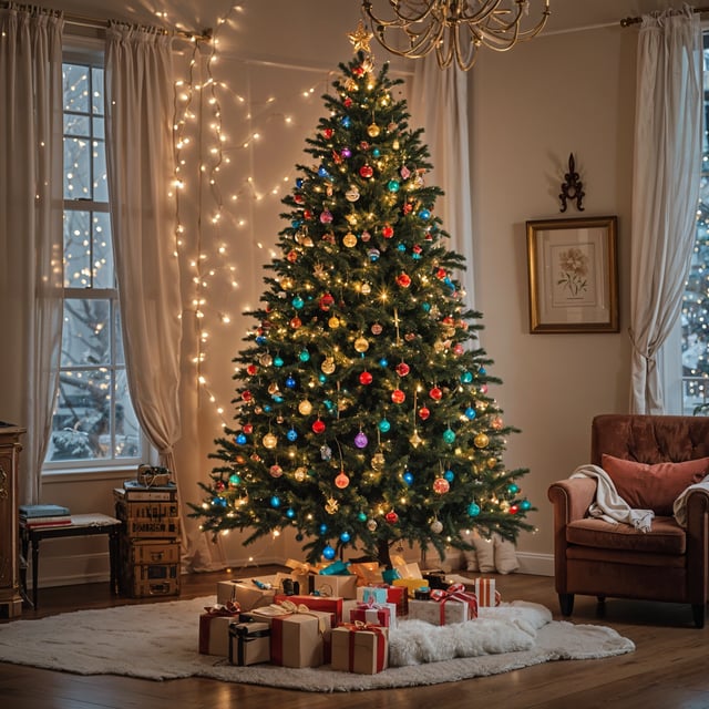 A Christmas tree with presents underneath it, in a living room setting. The tree is adorned with colorful lights and ornaments, creating a festive atmosphere.