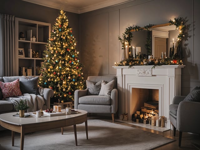 A living room with a Christmas tree and a fireplace. The room is decorated with a couch and a coffee table.