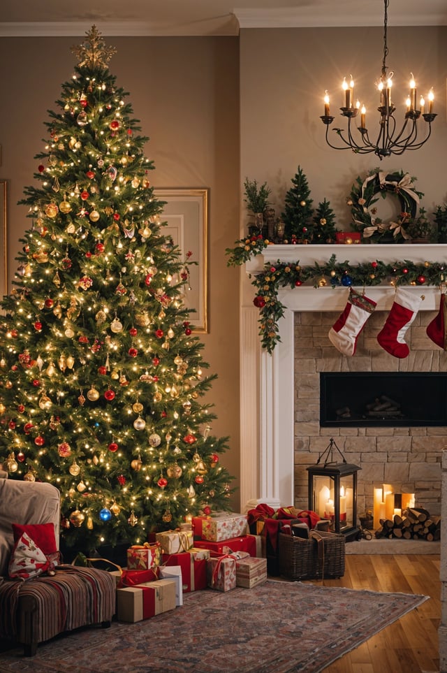 A Christmas tree in a living room with presents and stockings hanging on the fireplace. The tree is adorned with ornaments and lights, creating a festive atmosphere.