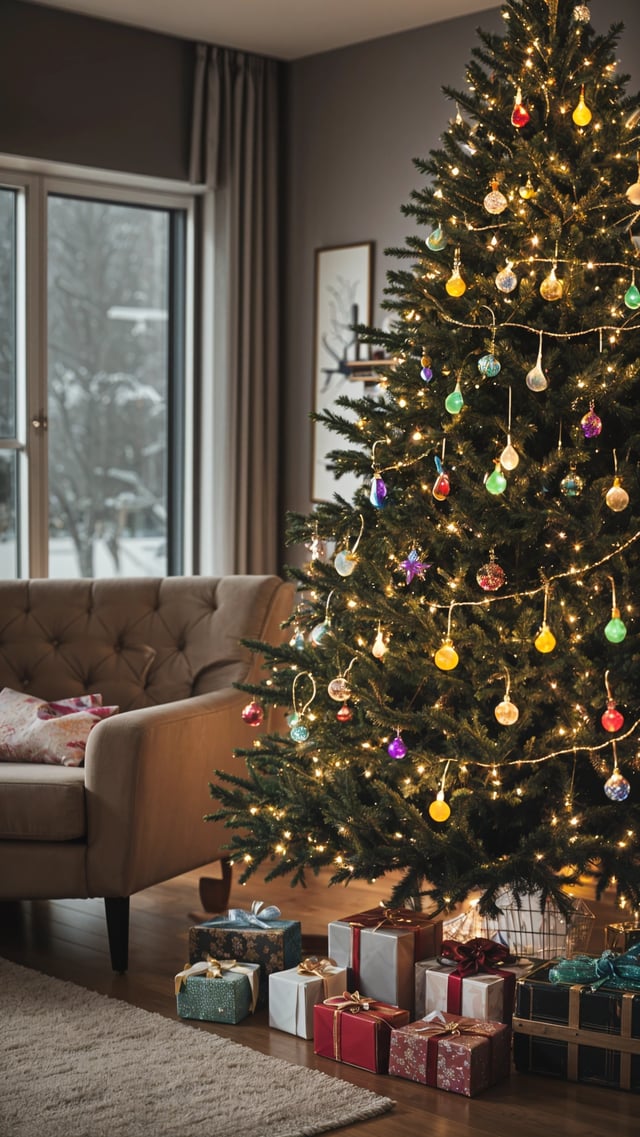 A Christmas tree with lights and ornaments in a living room. The tree is adorned with colorful ornaments and lights, creating a festive atmosphere.