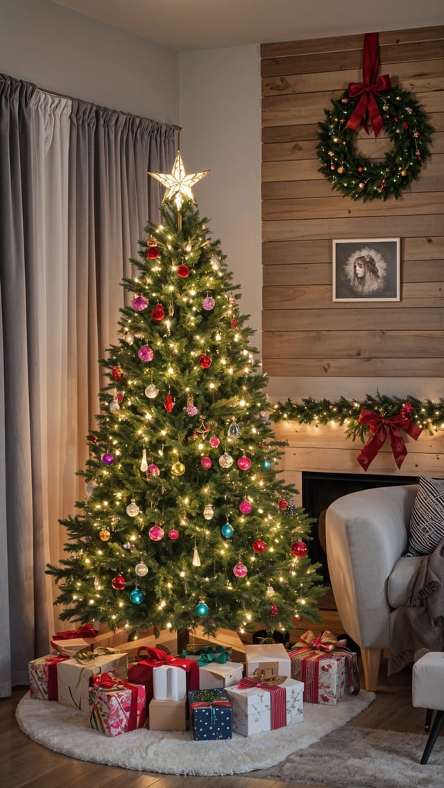 A Christmas tree with colorful ornaments and lights in a living room.