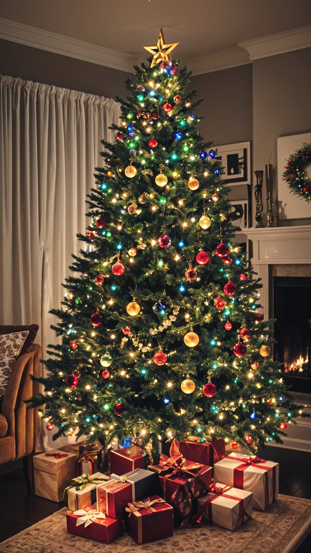 A Christmas tree with colorful lights and ornaments in front of a fireplace.