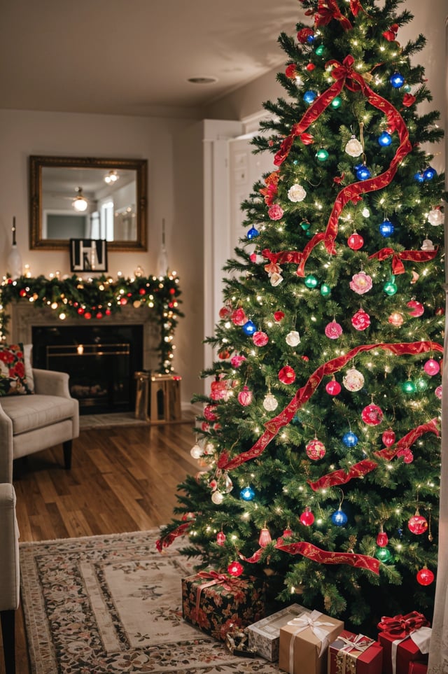 A Christmas tree with colorful ornaments and lights in a living room