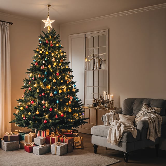 A Christmas tree with presents and candles in a living room.