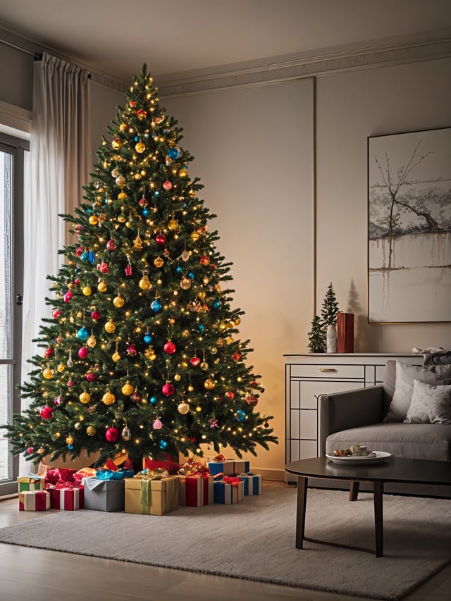 A Christmas tree with presents underneath it in a living room.