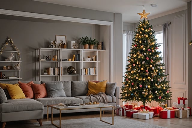 A living room with a Christmas tree and a couch. The room has a cozy and festive atmosphere with a bookshelf and a coffee table. The couch is adorned with pillows and blankets, adding to the warmth and comfort of the space.