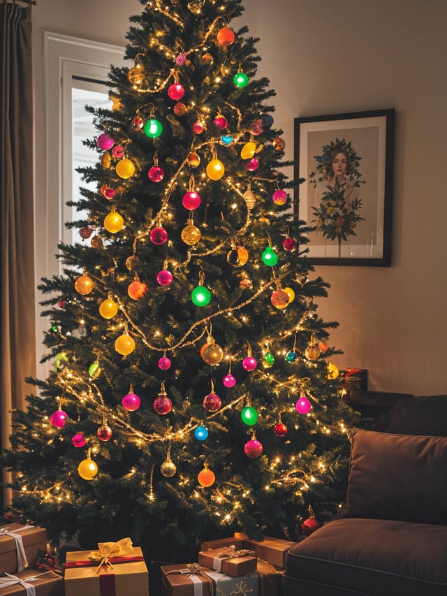 Colorful Christmas tree with lights and ornaments in a living room
