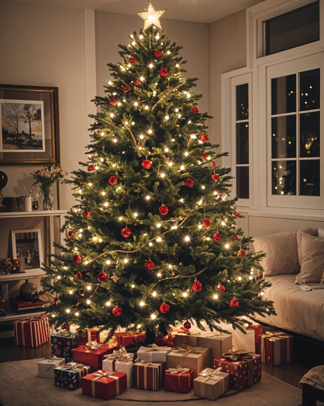 A Christmas tree with lights and ornaments in a living room. The tree is surrounded by presents.