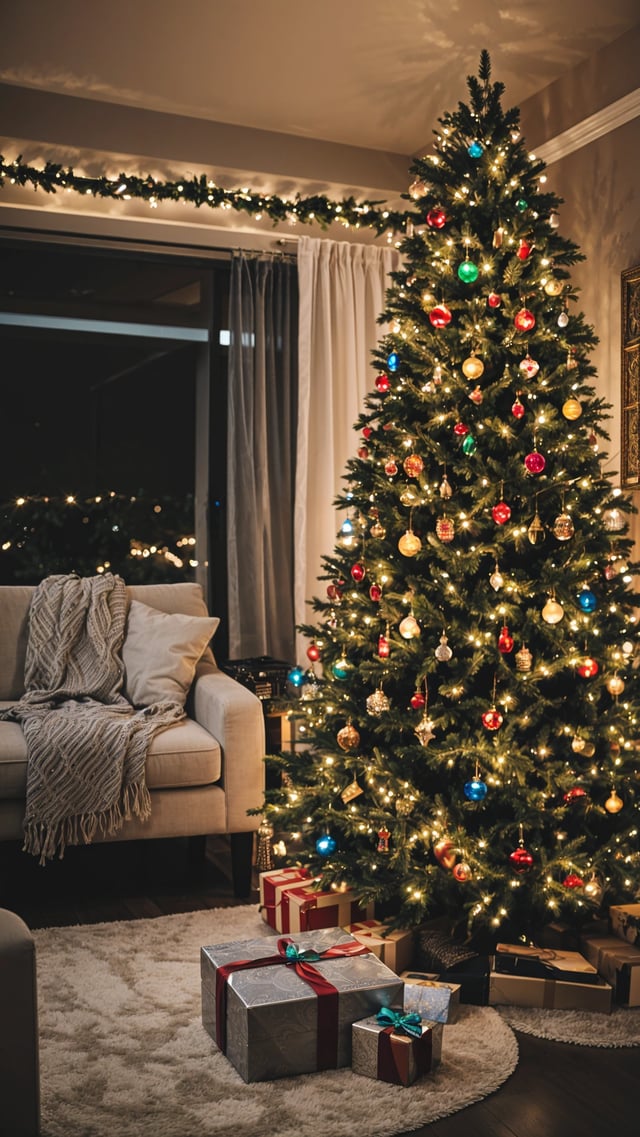 A Christmas tree with colorful lights and ornaments, sitting in front of a window. The tree is surrounded by a cozy living room with a couch and a chair.
