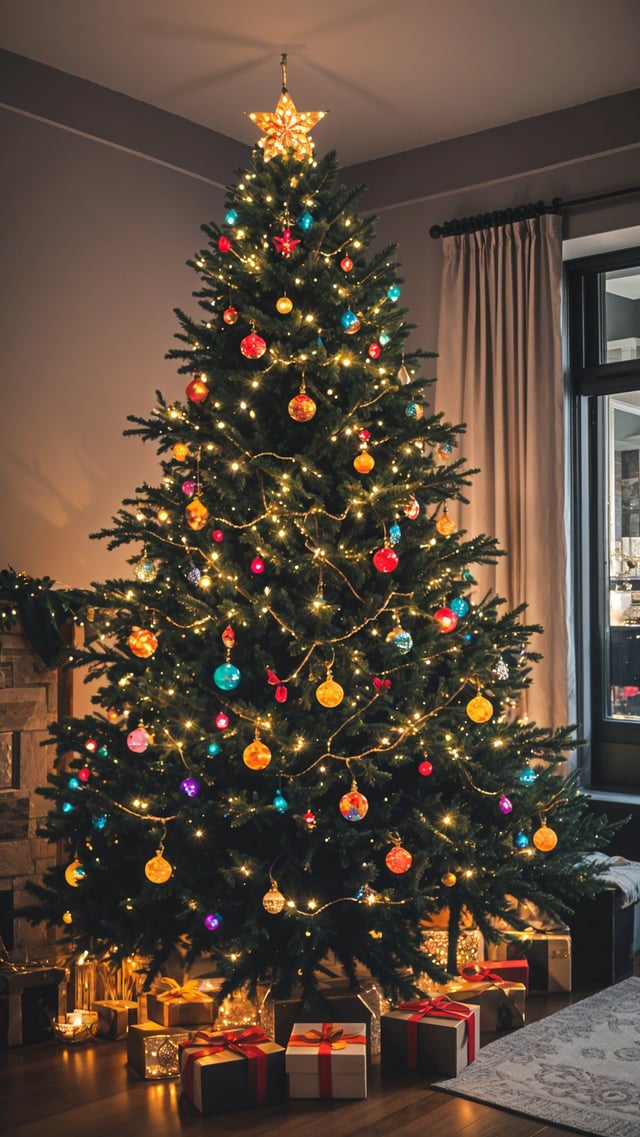 A Christmas tree with colorful lights and ornaments.