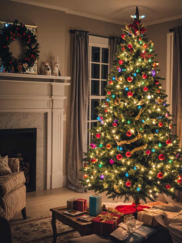 A Christmas tree in a living room with colorful lights and ornaments. The room also includes a couch and a chair.